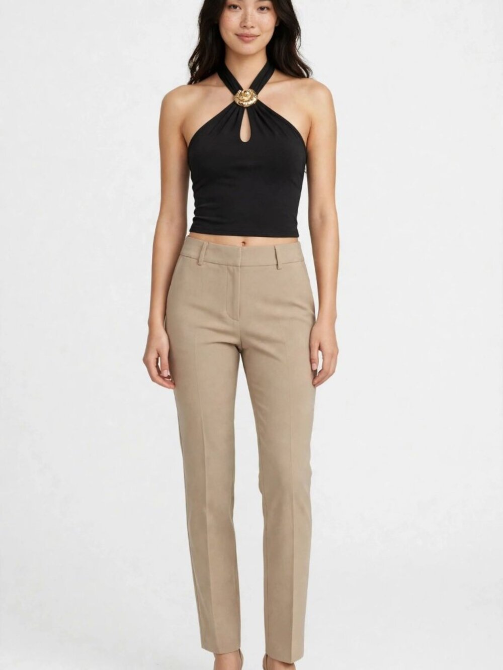 Black Gold Ring Halter Neck Crop Top Going Out — S